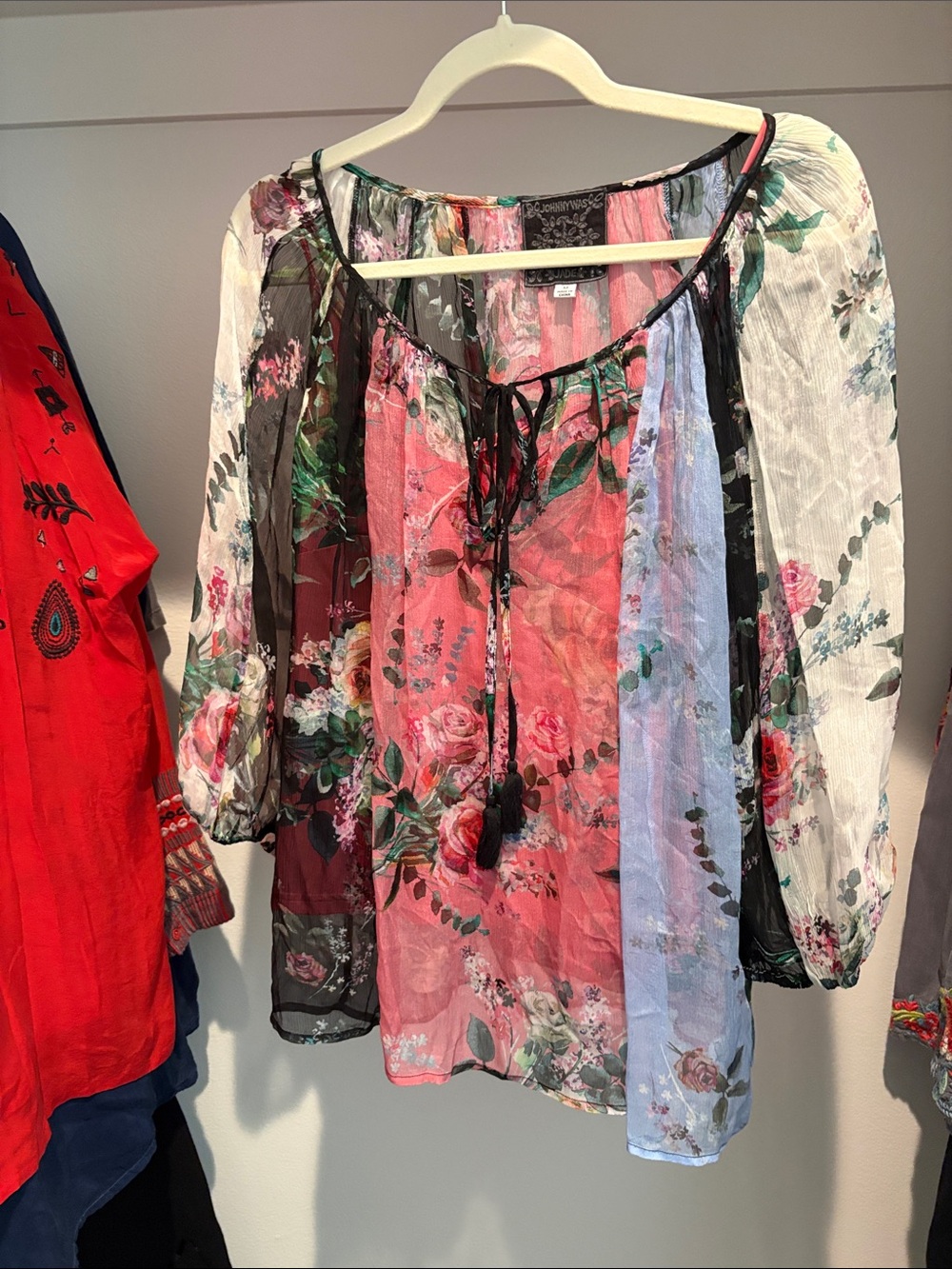 Johnny Was Sheer Multi-Panel Floral Peasant Blouse in Pink, Black, Blue, White